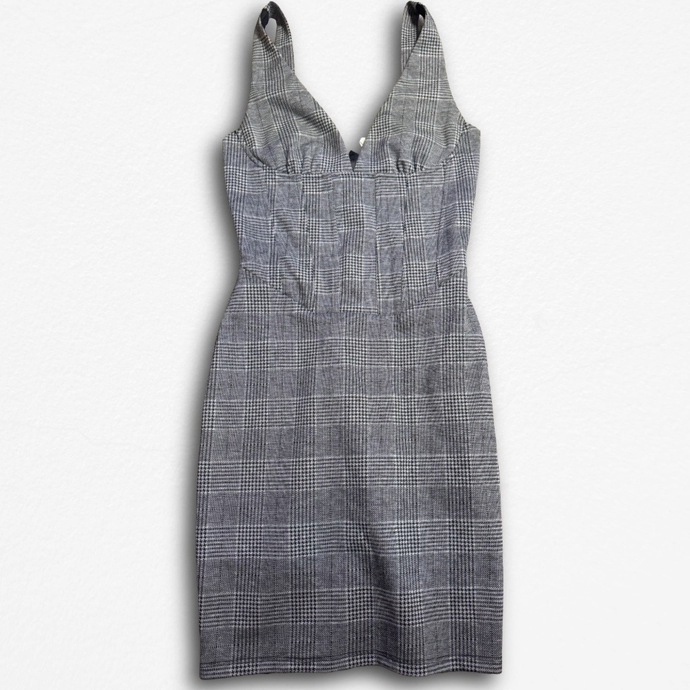 Lucid Pink Grey Glen Plaid Corset Bodice V-Neck Sleeveless Mini‎ Dress Bodycon